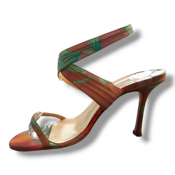 Jimmy Choo Green, Orange& Brown Tropical Ankle Elegant Stiletto Buckle Heels - Picture 5 of 12